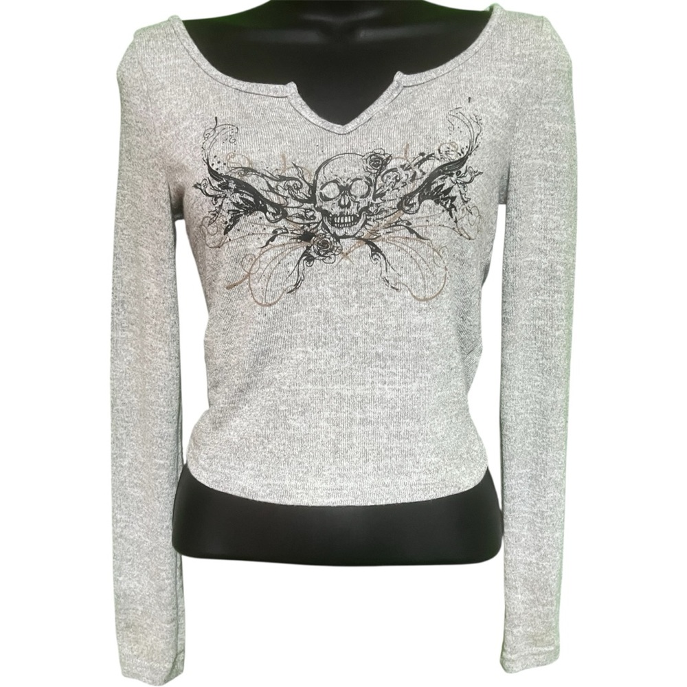 Romwe Grey Skull Graphic Long Sleeve Tee